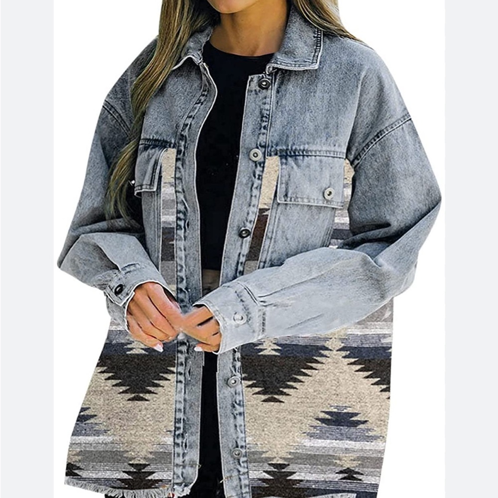 Aztec Design Distressed Denim Jacket - Picture 14 of 14